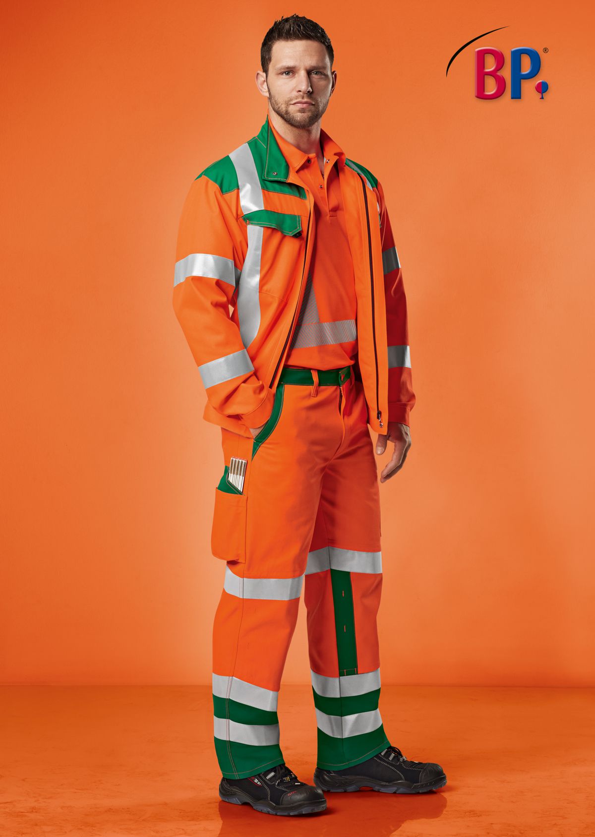 2010-845-8574_BP® High-visibility trousers with knee pockets_warning orange/green_Image 3