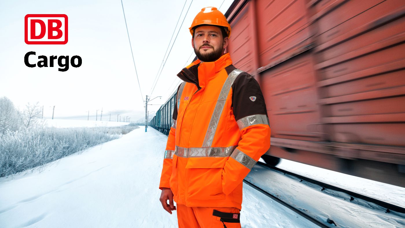 Mann mit warnorangener Schutzkleidung steht im Schnee neben einem Bahngleis.