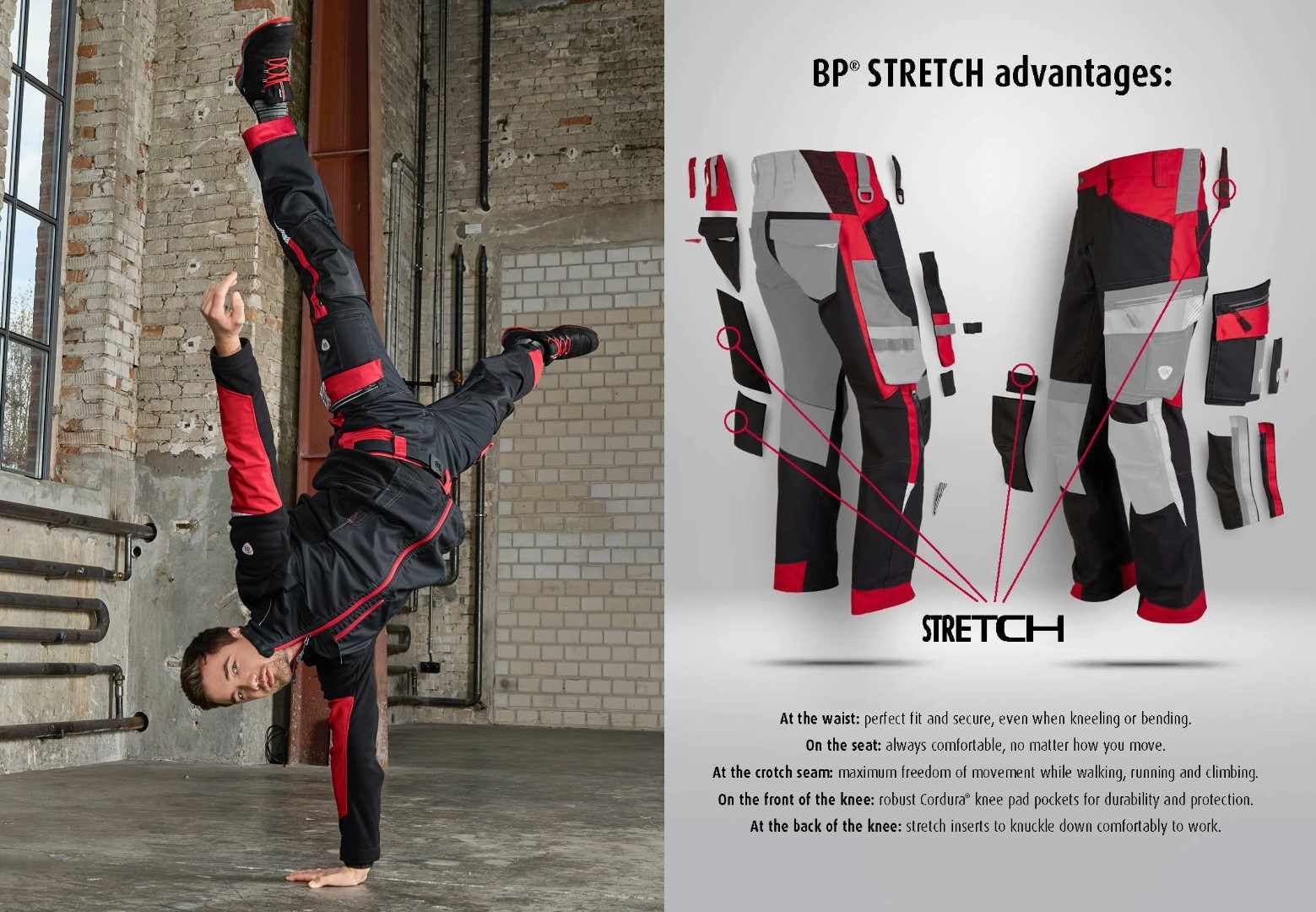 Advantages of BP® STRETCH work trousers.