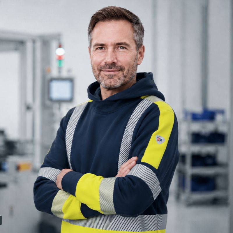 Mann in Warnschut-Hoodie in Produktionsumgebung.