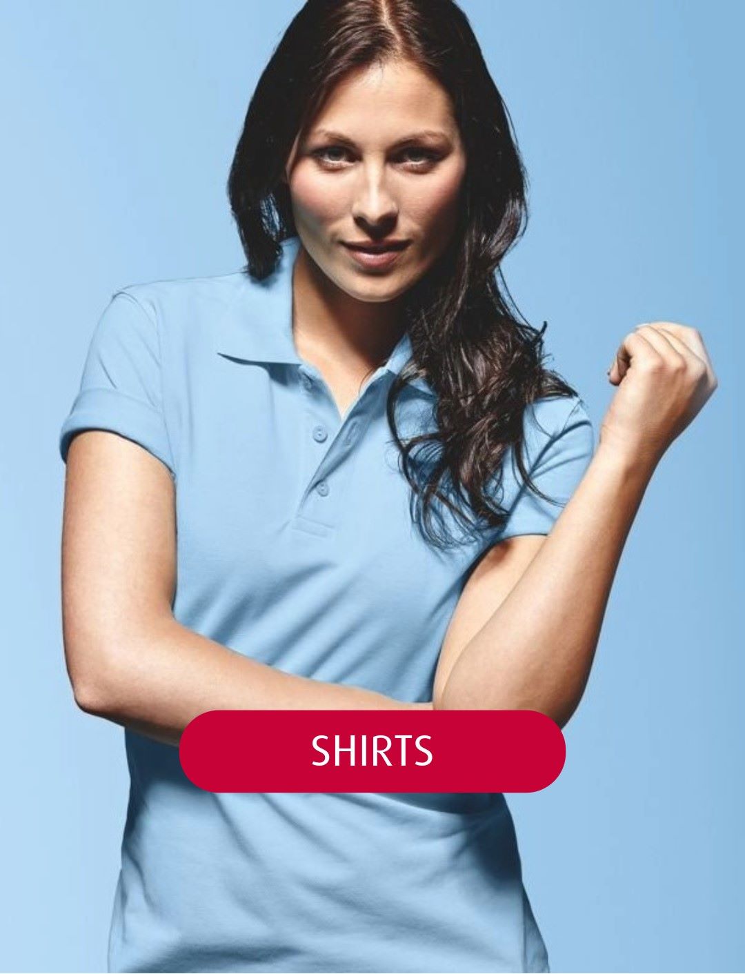 A woman in a light blue polo shirt from the BP brand 