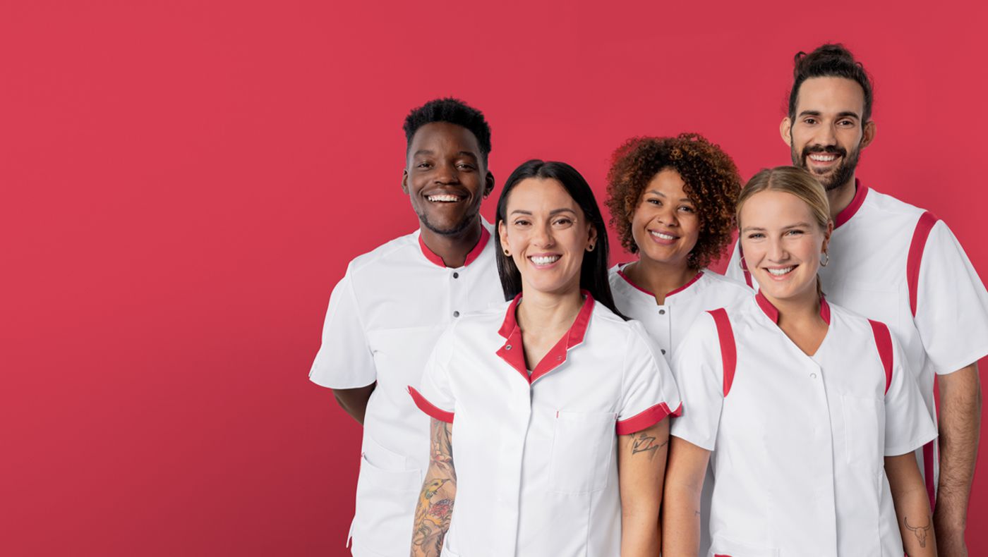 Care team in red and white care clothing.