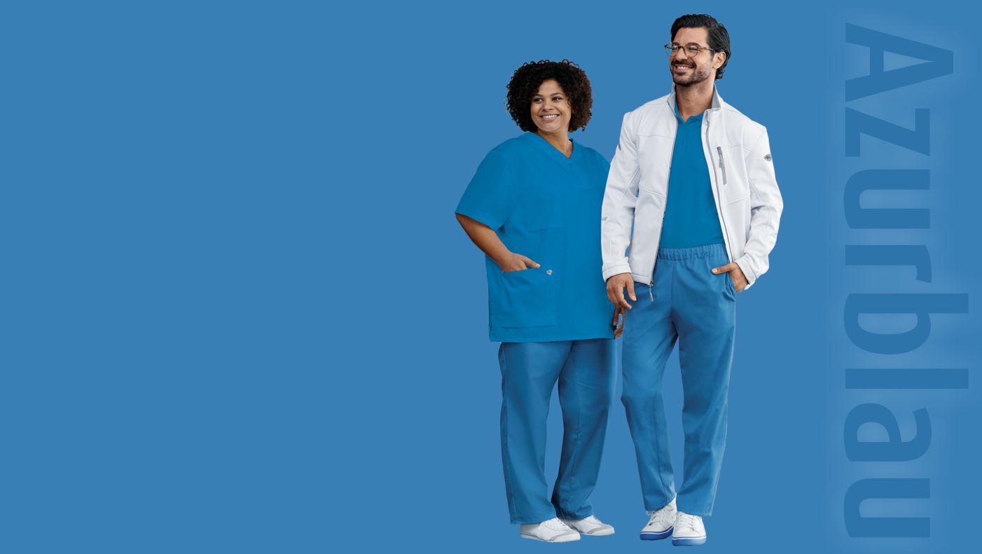 A woman and a man wearing azure blue nursing clothes are standing close to each other.