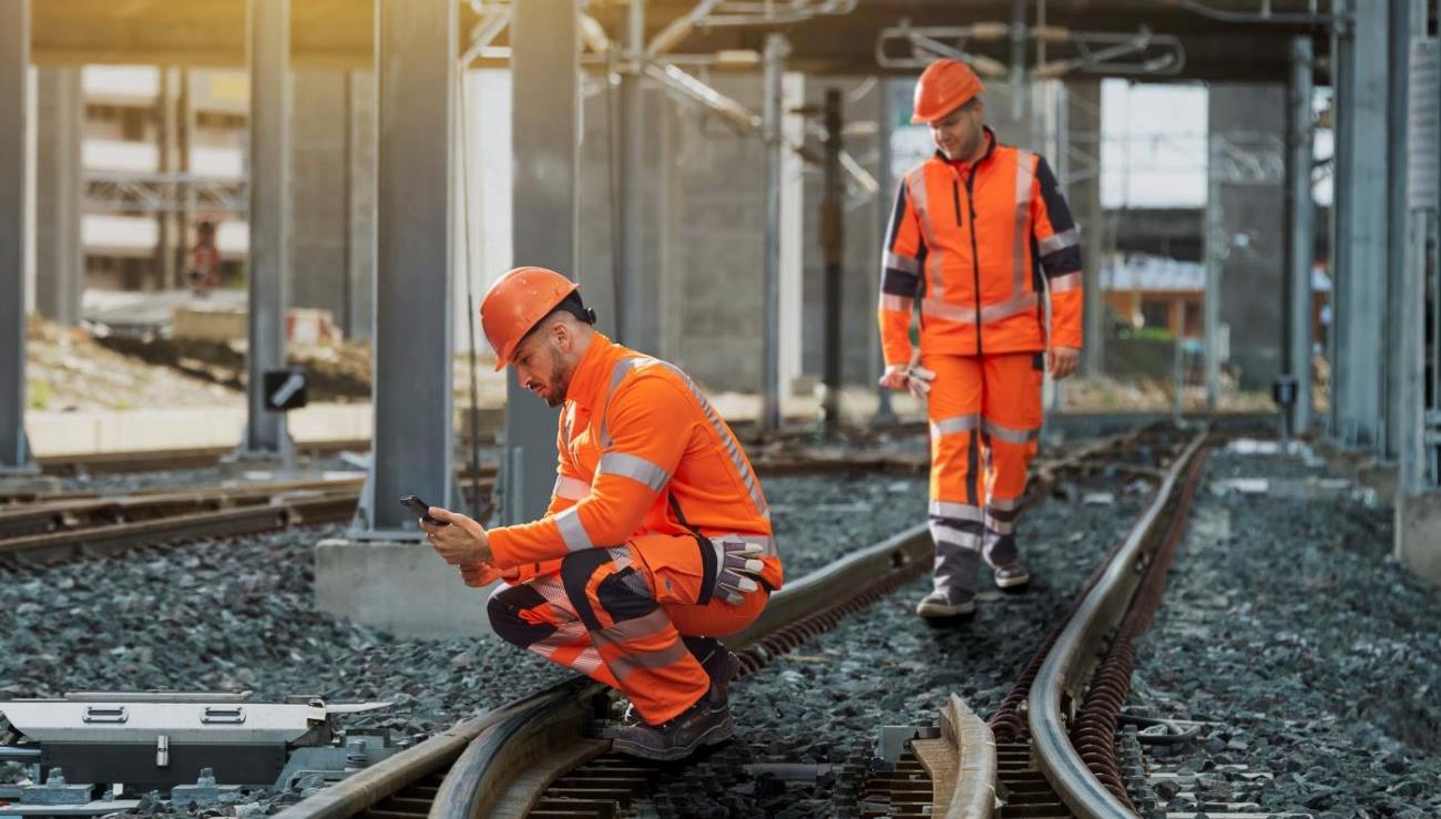 Zwei Gleisarbeiter in Warnschutzkleidung überprüfen Gleise.