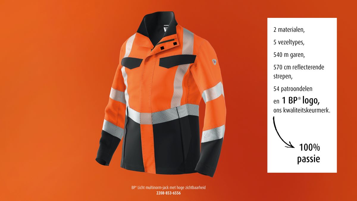 Lightweight BP® Multinorm high-visibility jacket in warning orange and list of materials and ingredients.