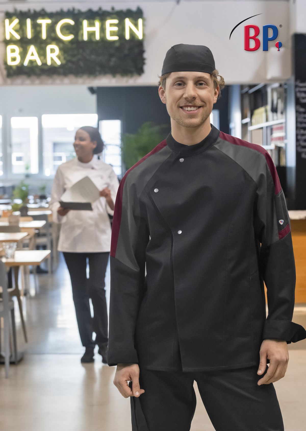 1533-435-3580 BP® Veste cuisinier légère hommes noir/gris/barolo Thumbnail 3