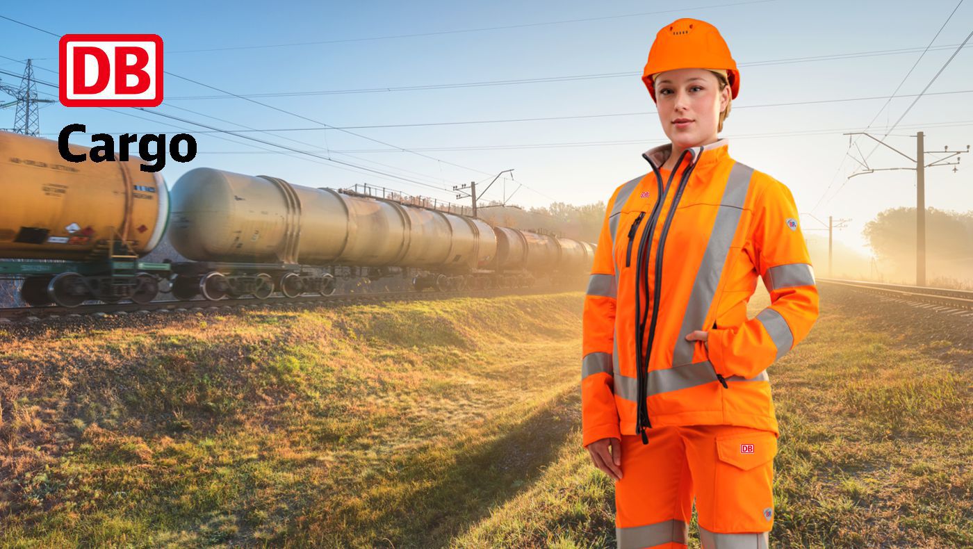 Frau mit warnorangener Arbeitskleidung steht in der Nähe eines Gleises.
