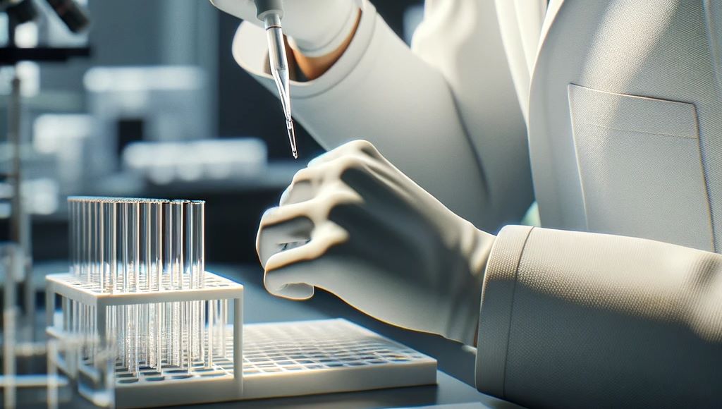 A person in white laboratory clothing fills test tubes with a syringe.